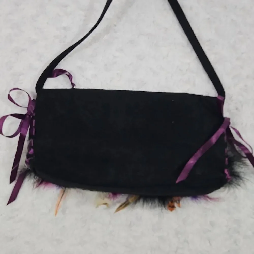 Rare Victorias Sceret Feathered Boho Style Black and silver velvet rivet Purse